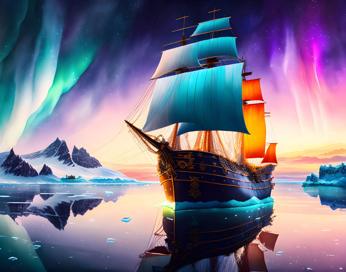 The pirate sailing ship in the ice sea with northe