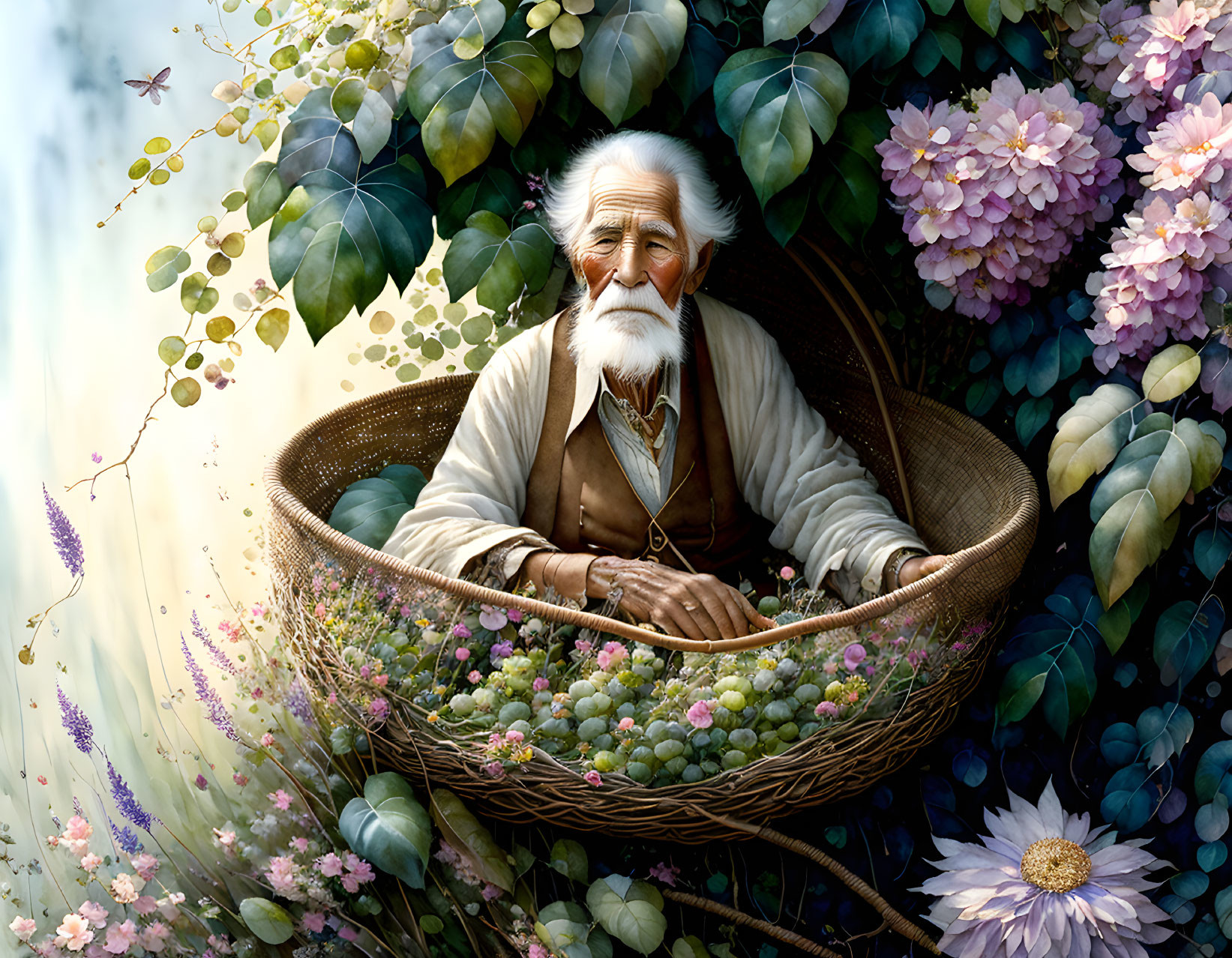 Old man in a woven reed basket cradled in a thicke