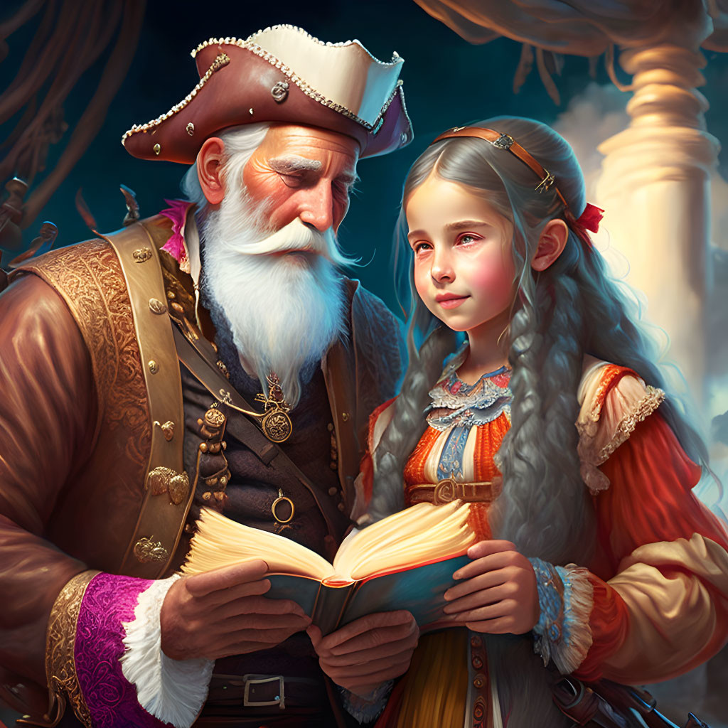 Old pirate with a long white beard teaches reading