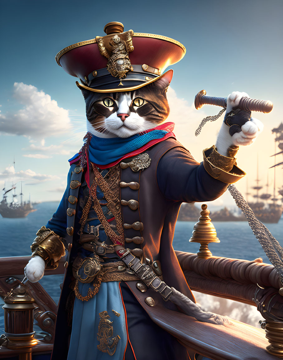 A humanoid cat pirate on the deck of his ship, wea
