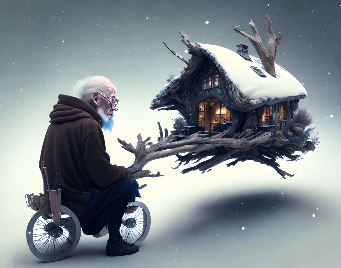 An old man driving a winterly futuristic driftwood