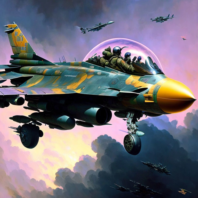 Military jet with vibrant camouflage design flying in clouds with formation of jets
