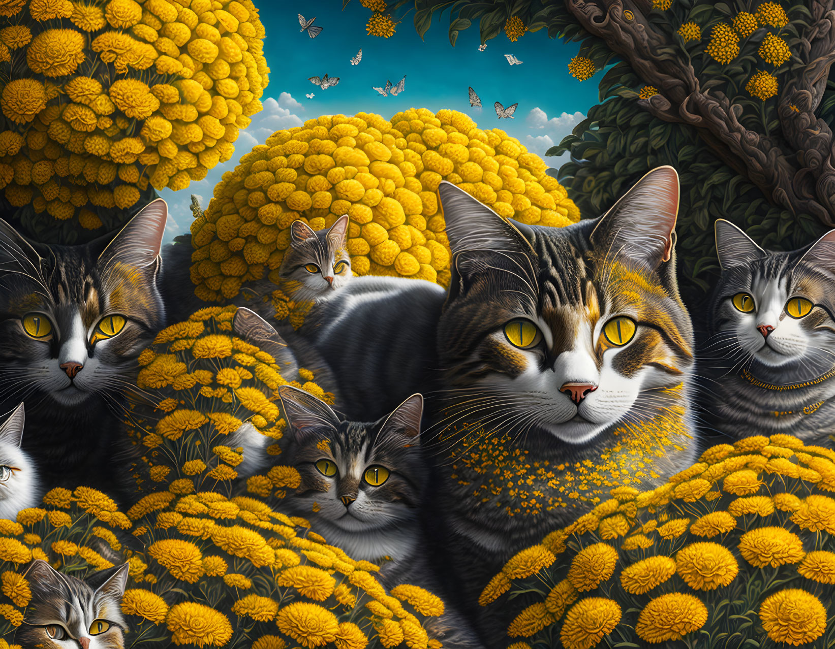 Illustrated scene: Cats blend with marigold flowers under blue sky