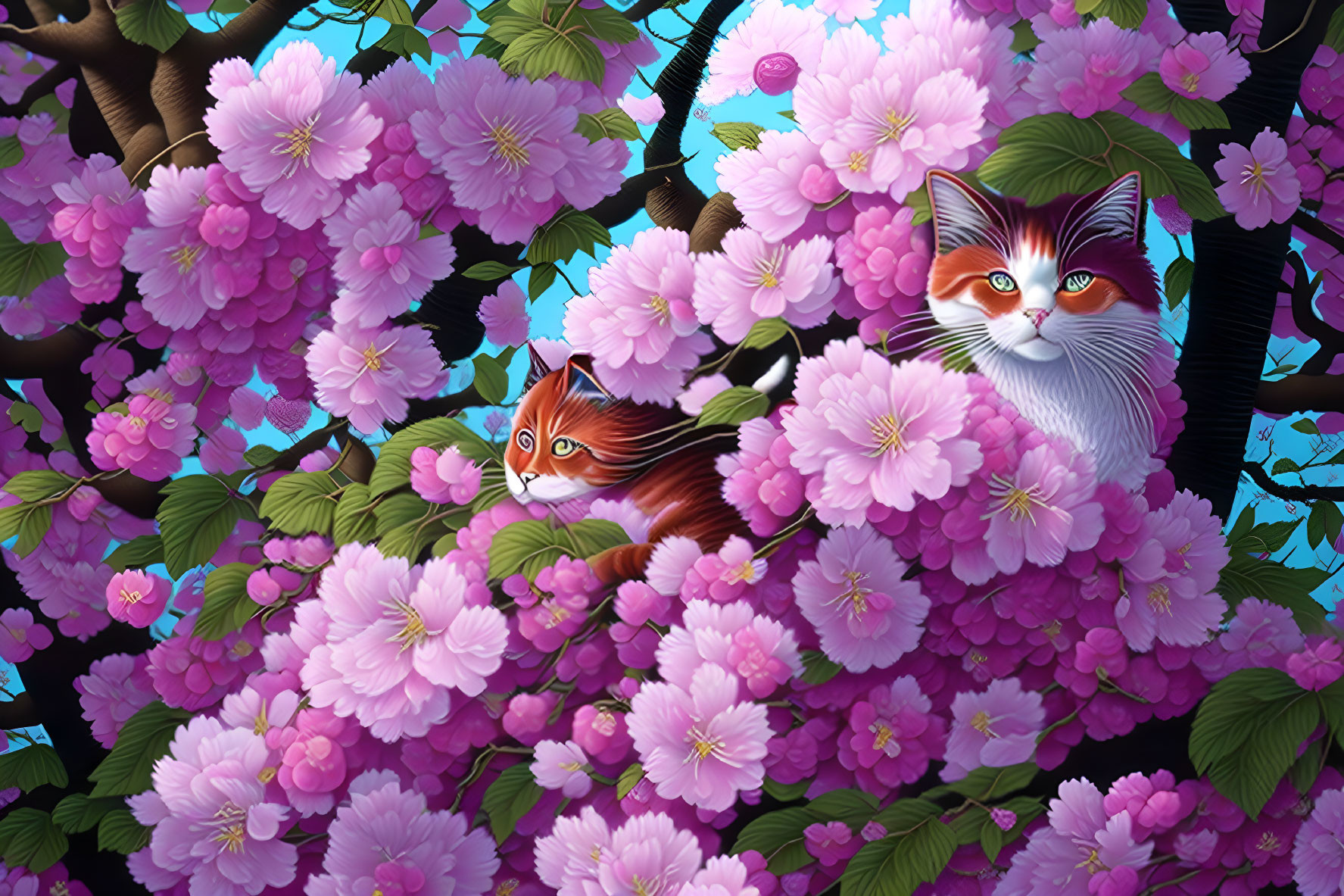 Vibrant Marked Cats Among Cherry Blossoms in Blue Sky