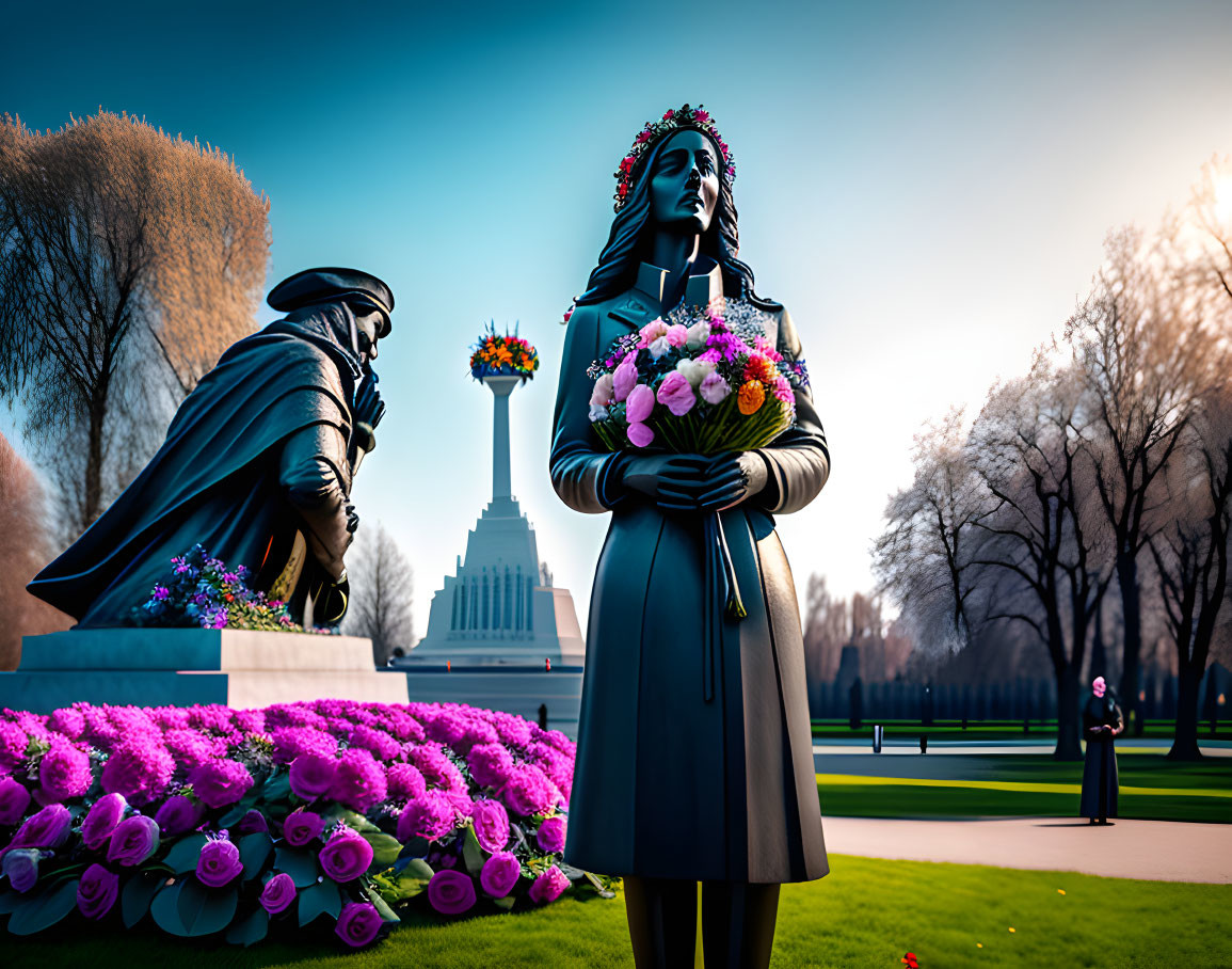 A sad woman stands with flowers in the park near t