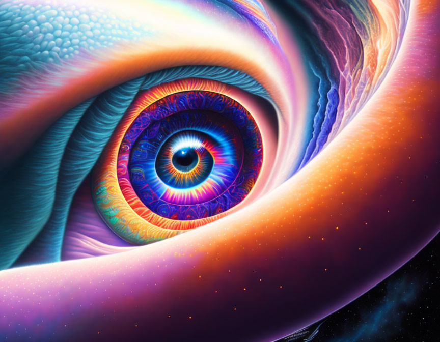 Colorful surreal cosmic eye artwork with swirling patterns