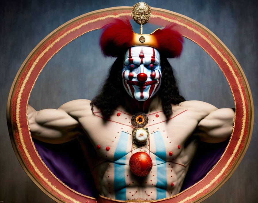 Muscular clown in red and blue face paint with circus hat and ruffled collar.