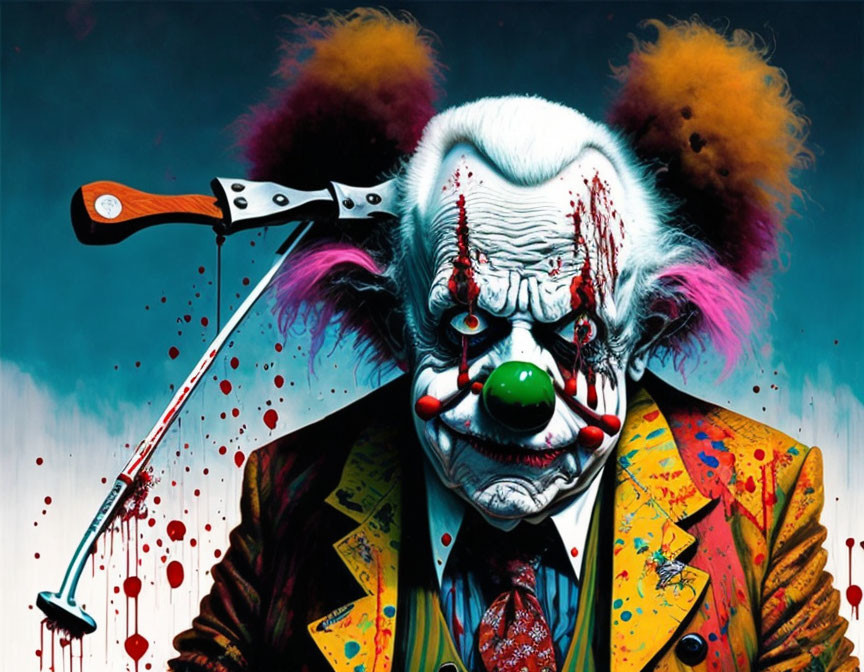 Sinister clown with colorful hair and hammer in a blood-spattered suit