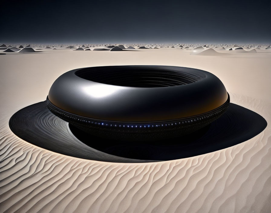 Futuristic black ring structure in desert with ripple textures and blue light