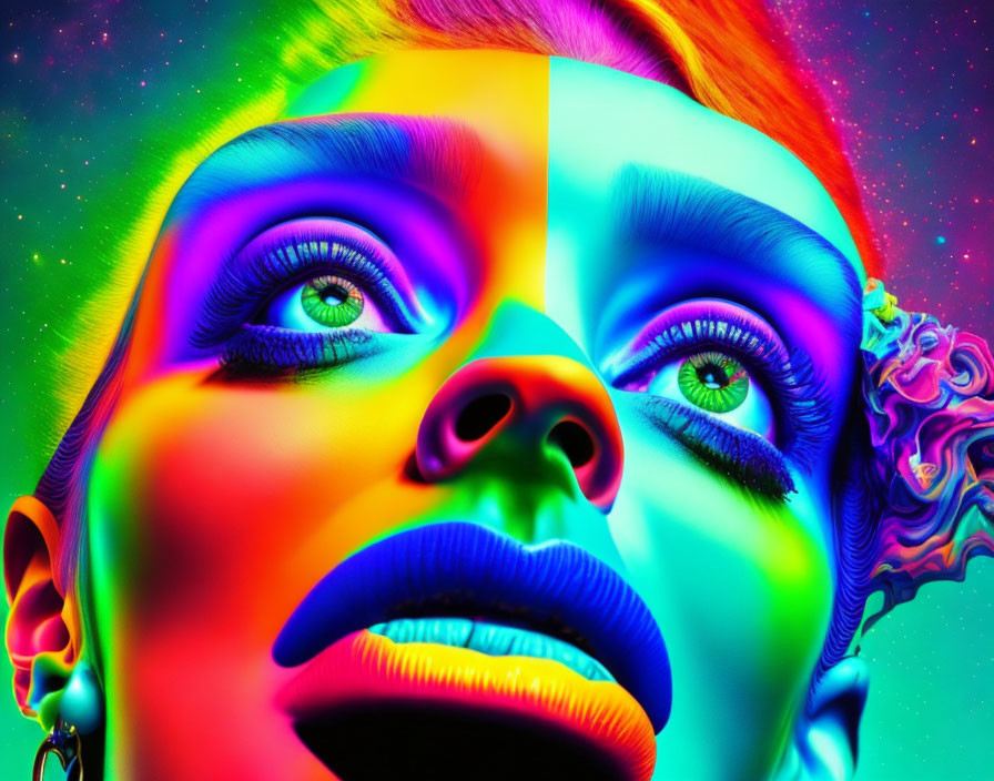 Vibrant Psychedelic Face Makeup with Abstract Background
