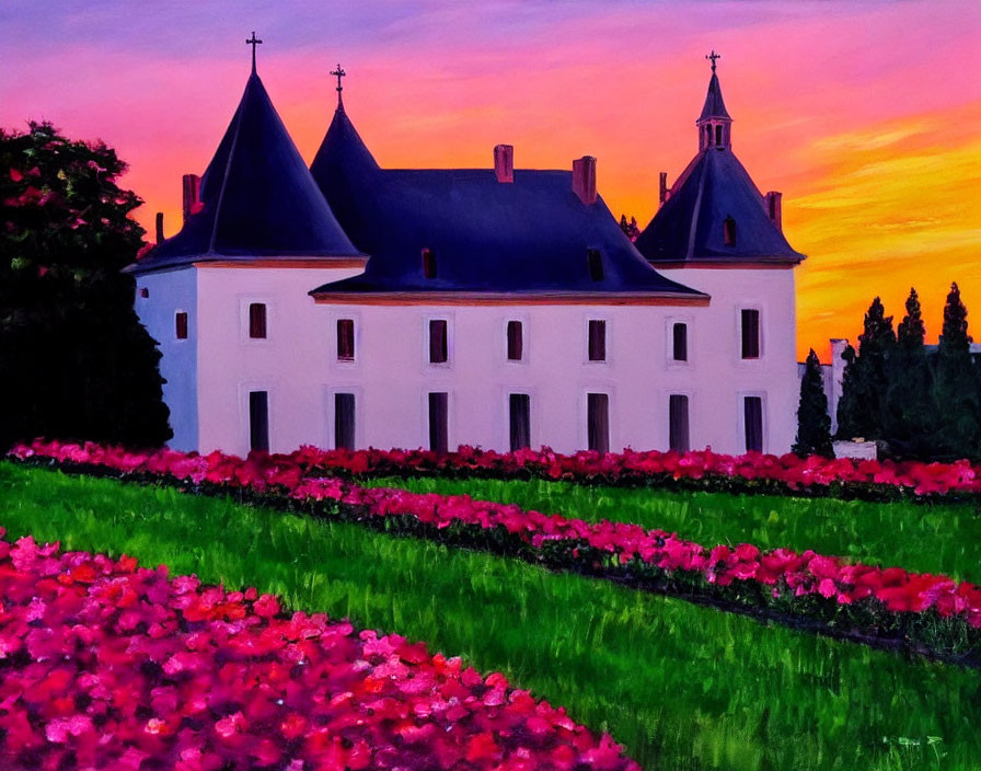 White Chateau Amid Pink and Red Flowers in Sunset Sky