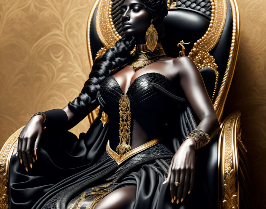 Regal woman on throne in luxurious black and gold attire