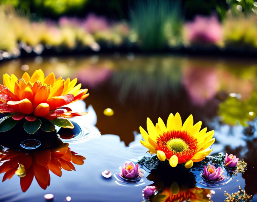 Tranquil pond with vivid water lilies and pastel flowers