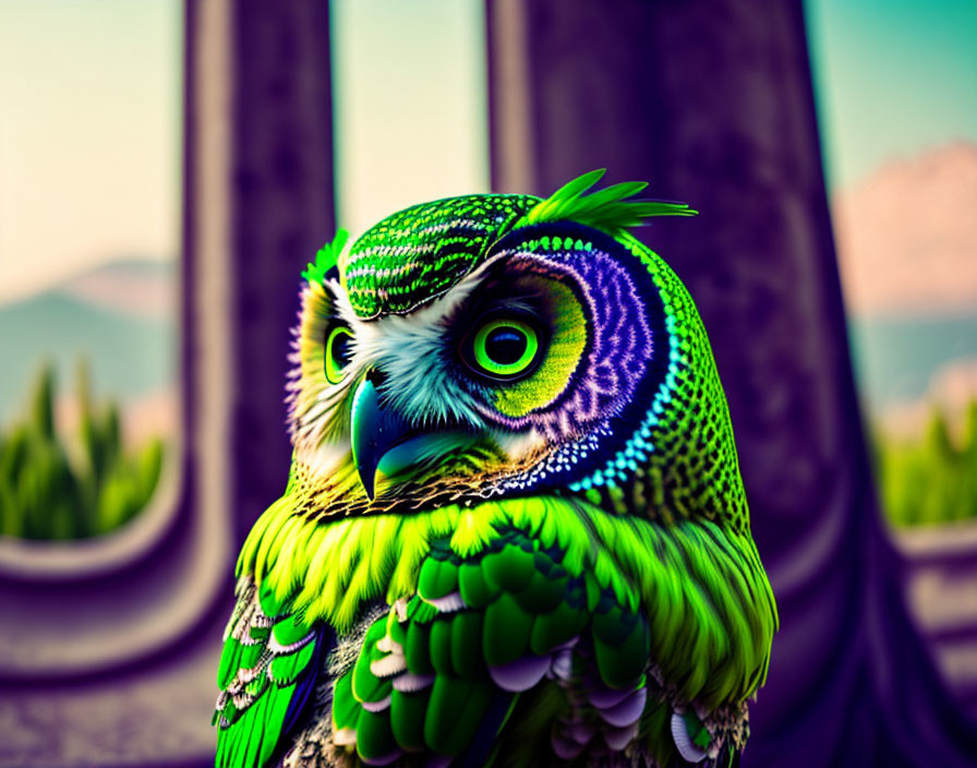 Colorful digitally created owl with green feathers and blue eyes against blurred pillars and sunset sky