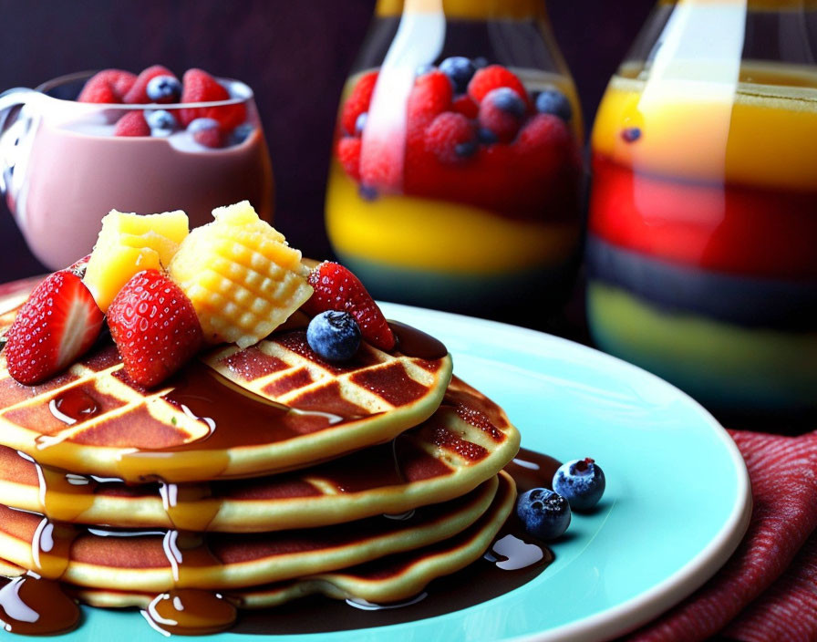 Delicious Pancakes with Fruit Toppings and Orange Juice