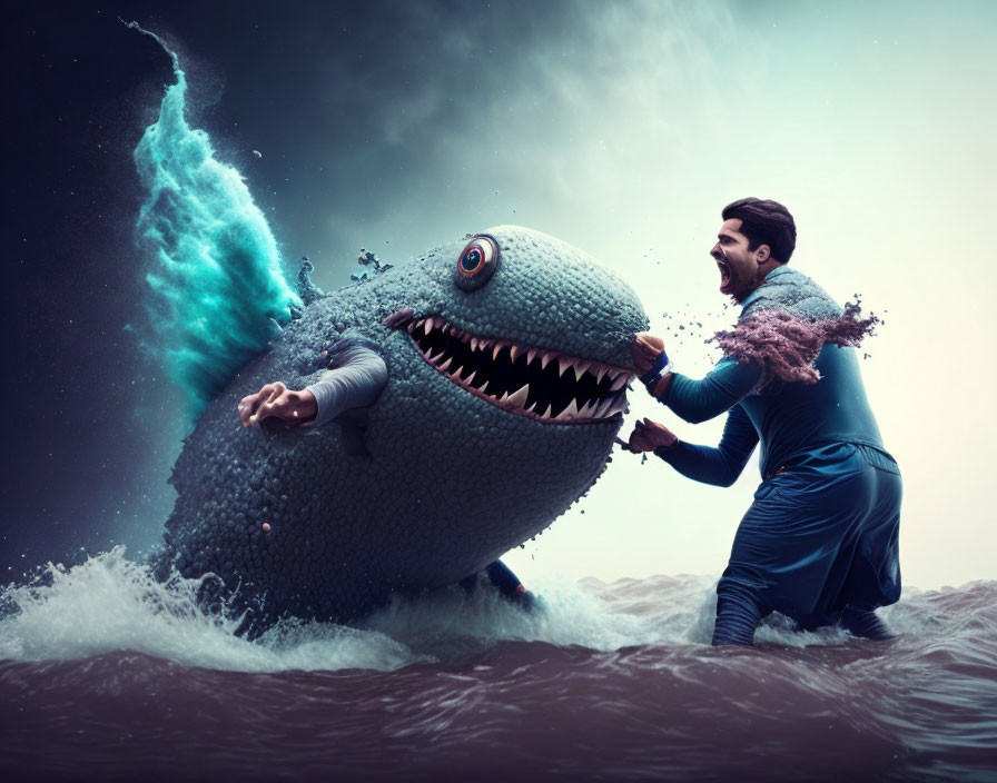 Man in Blue Suit Playfully Fighting Giant Cartoon Fish on Stormy Sea