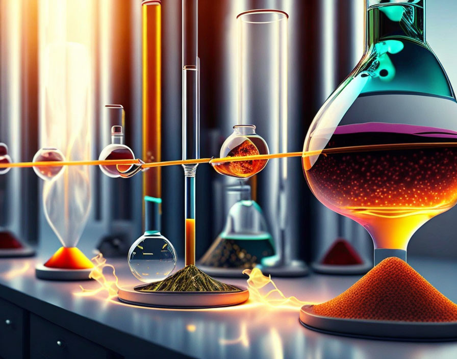 Colorful Chemistry Lab Setup with Glassware, Tubes, and Bunsen Burners