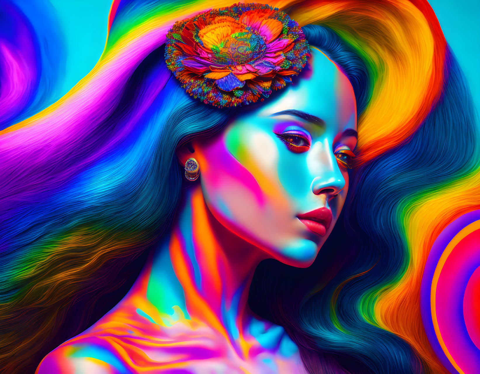 Colorful Digital Artwork: Woman with Flowing Hair and Multicolored Lighting