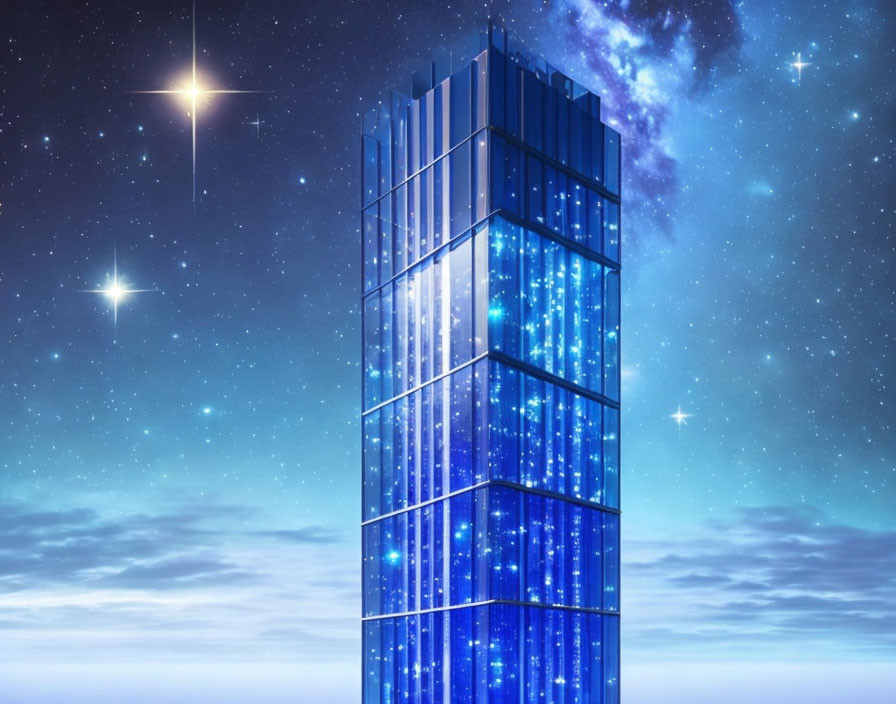 Skyscraper with Glowing Blue Facade Amid Celestial Background