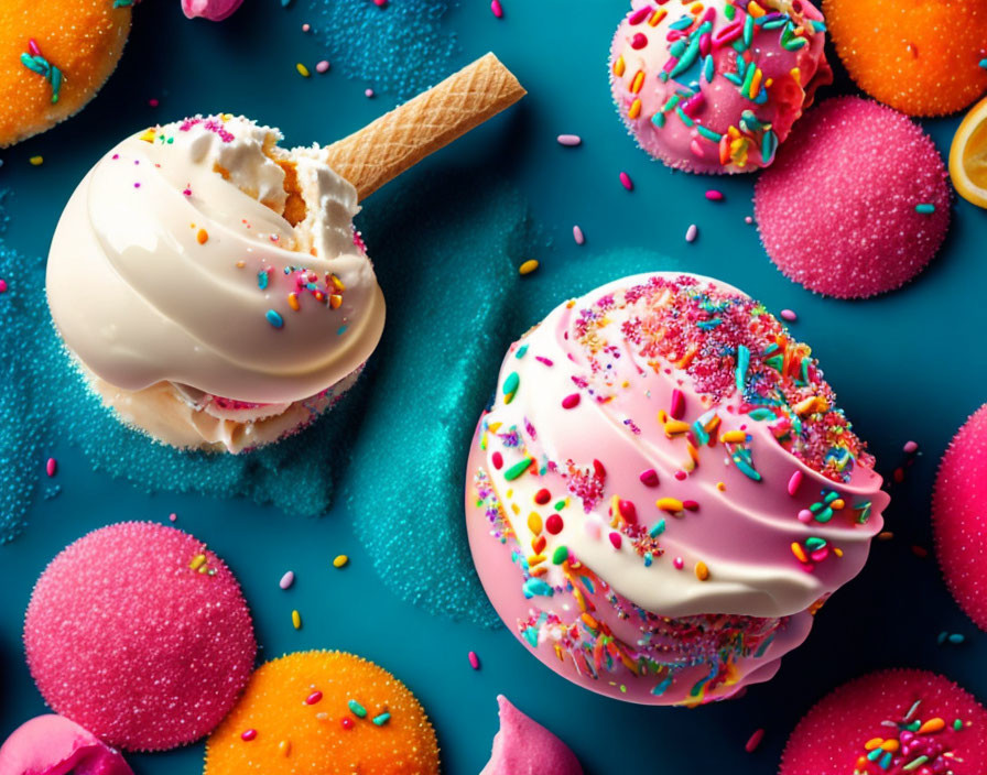 Vanilla Ice Cream Cones with Rainbow Sprinkles on Blue Background