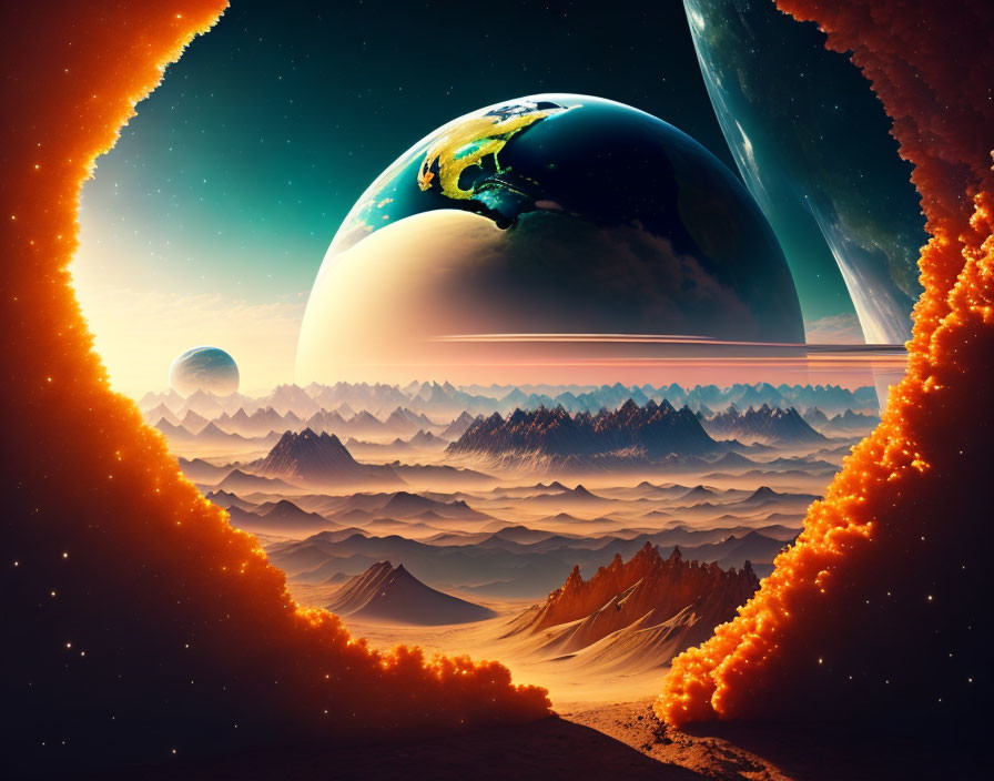 Surreal rocky mountains under cosmic sky with colorful planets.