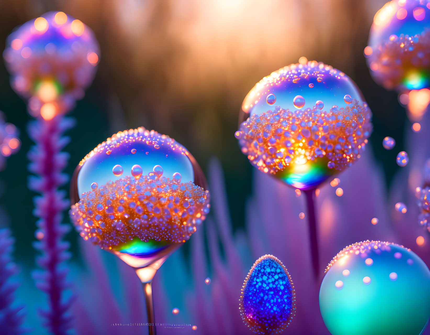 Fantasy-inspired image of glowing bubble-like plants on colorful bokeh background