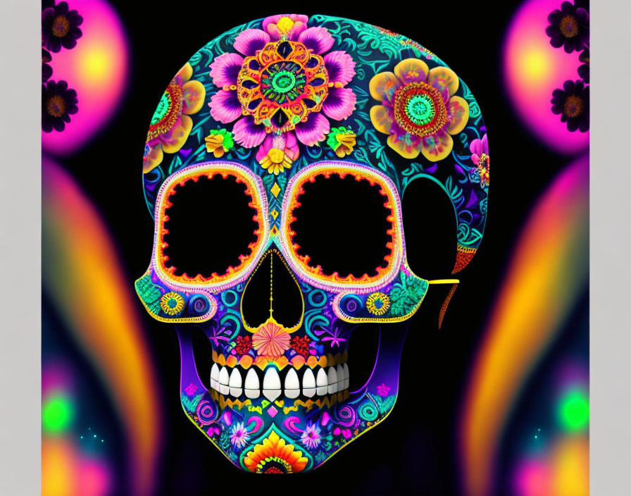 Colorful Day of the Dead skull illustration on black background with pink orbs