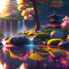 Tranquil fantasy landscape with pagoda, waterfalls, and vibrant flora