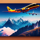 Digital Art: Airplanes Flying over Snow-Capped Mountains