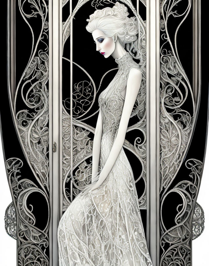 Pale woman in lace gown before Art Nouveau-style doors