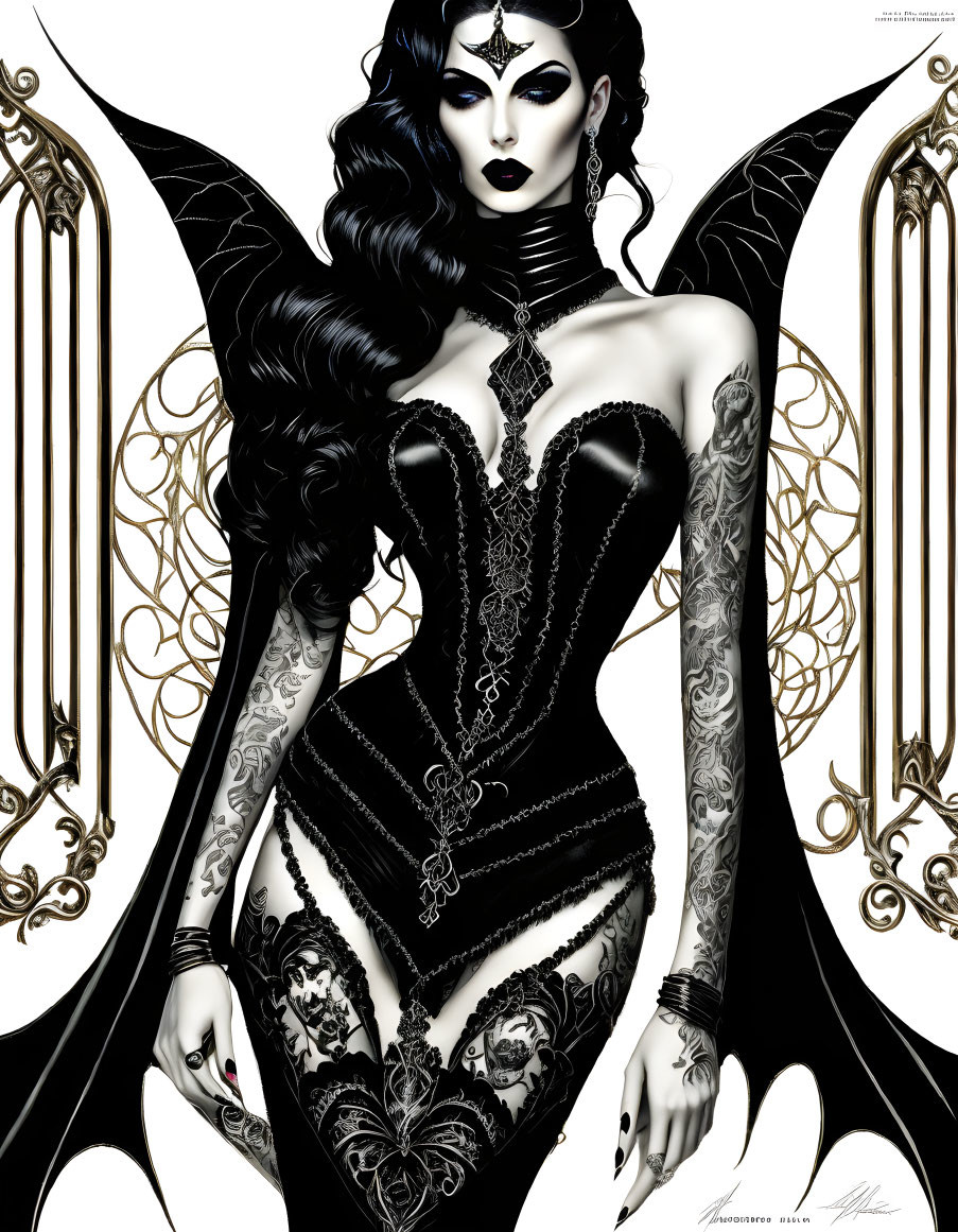 Gothic woman with bat-like wings in elaborate attire against golden filigree background