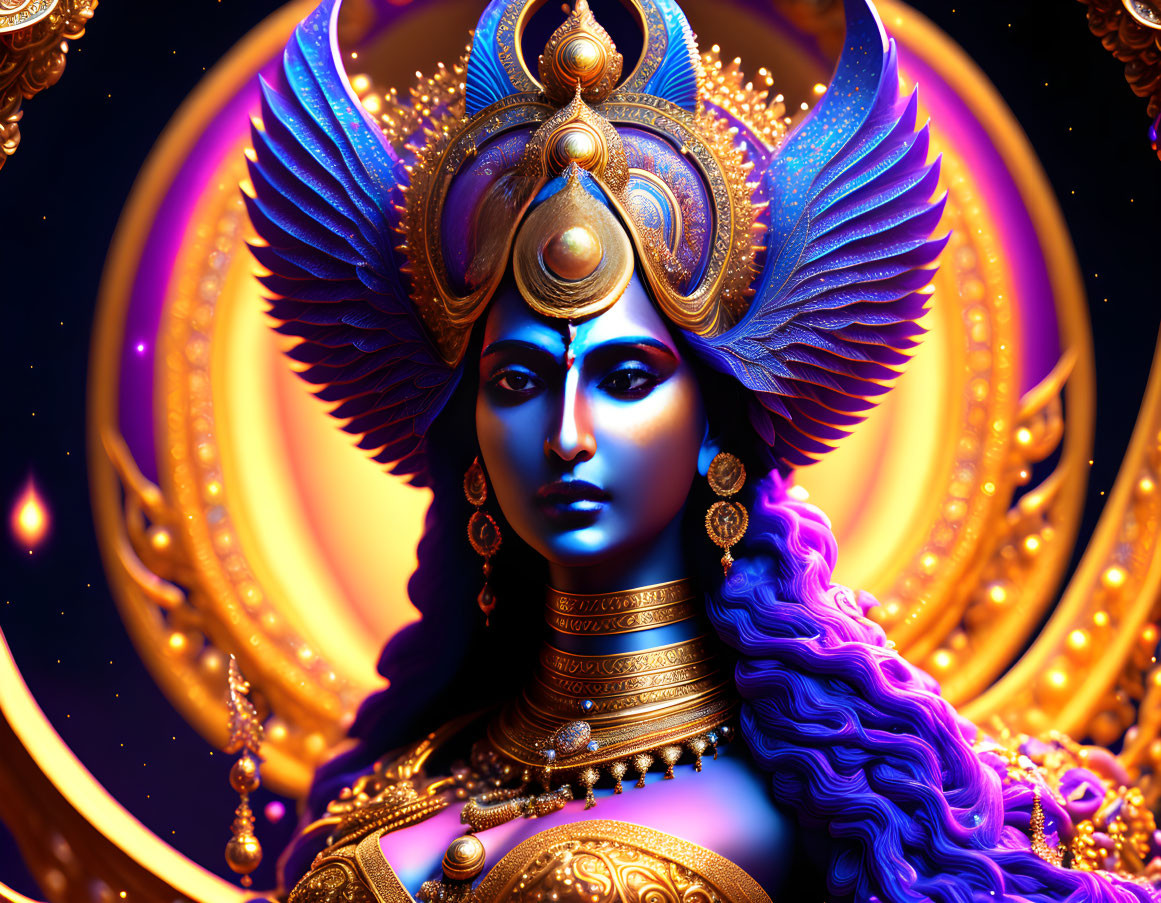 Vividly colored deity with blue skin and golden headdress on dark blue background