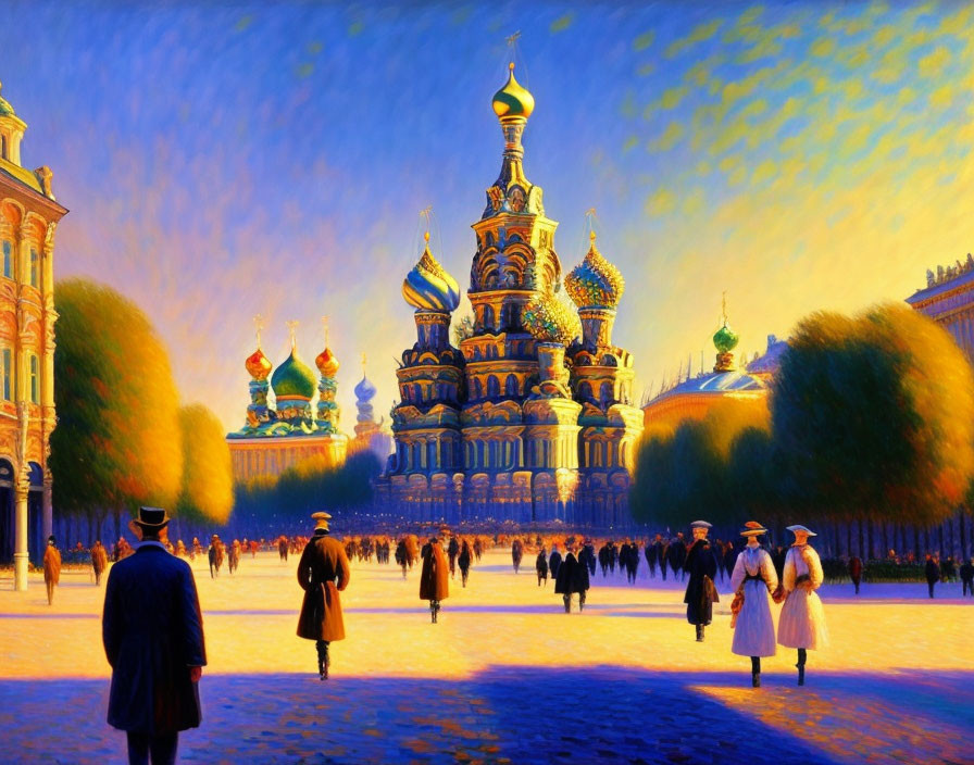 Vibrant square scene with Saint Basil's Cathedral domes at twilight