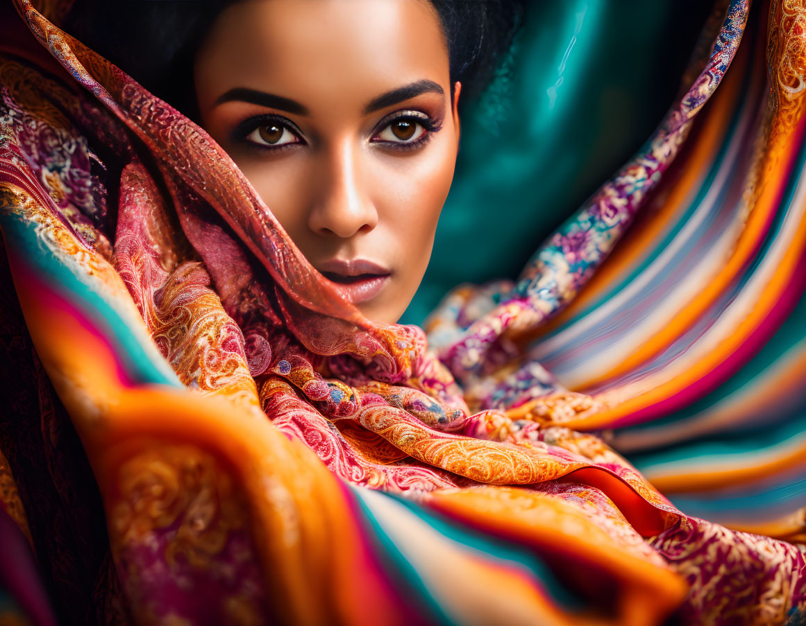 Striking makeup woman with vibrant multicolored fabric portrait