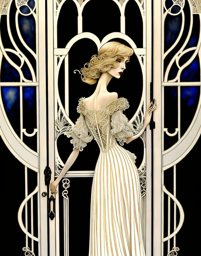 Illustrated woman in vintage dress by Art Nouveau-style doors