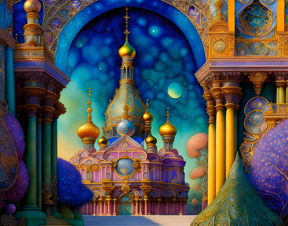 Fantasy illustration of ornate palace under starry skies