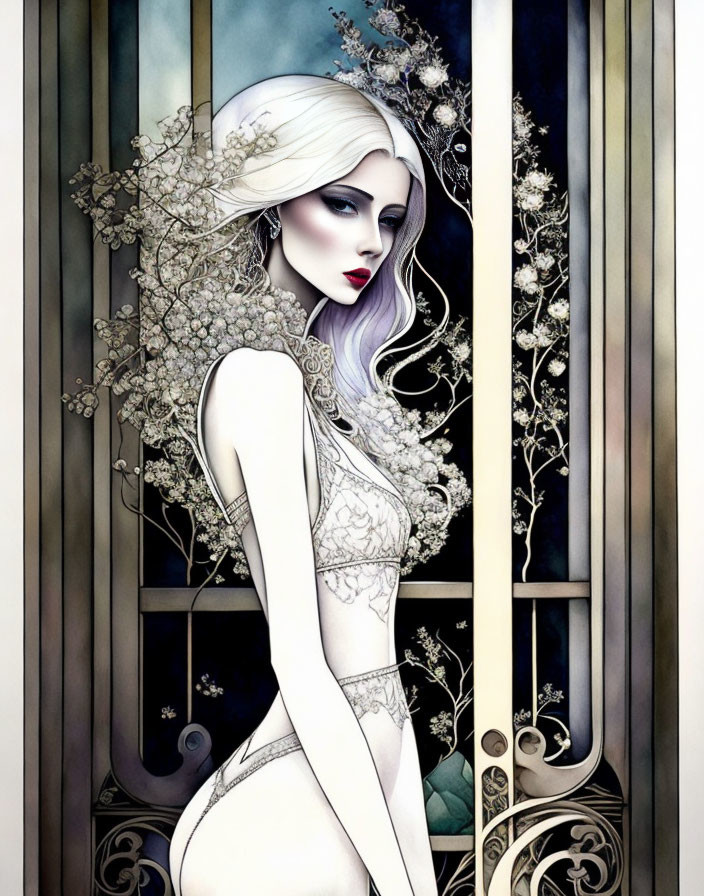 Pale ethereal woman with white hair in Art Nouveau setting.