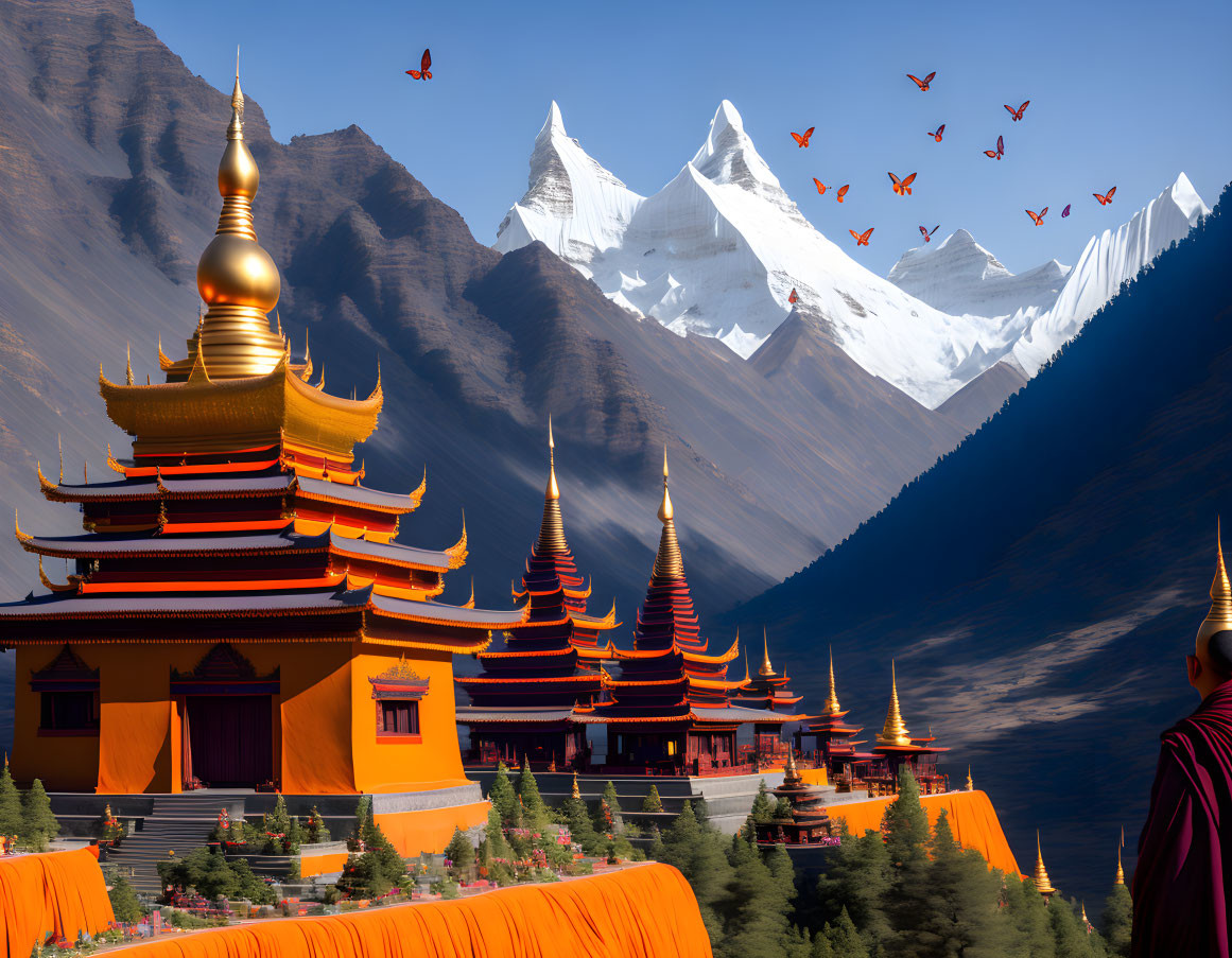 Tibetan-style Monastery with Snow-Capped Mountains and Cranes