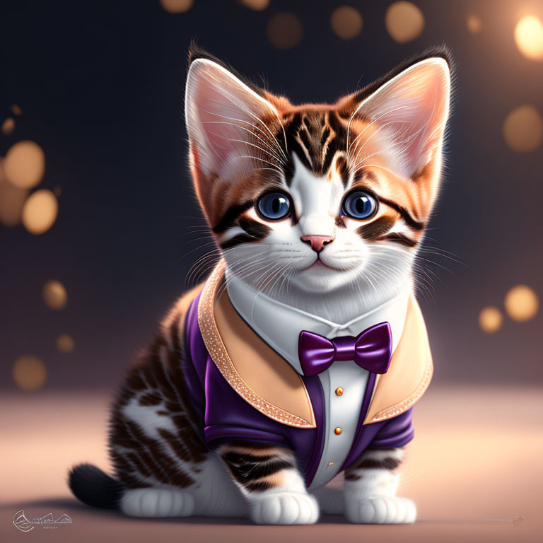 Tabby kitten with blue eyes in purple tuxedo vest and bow tie