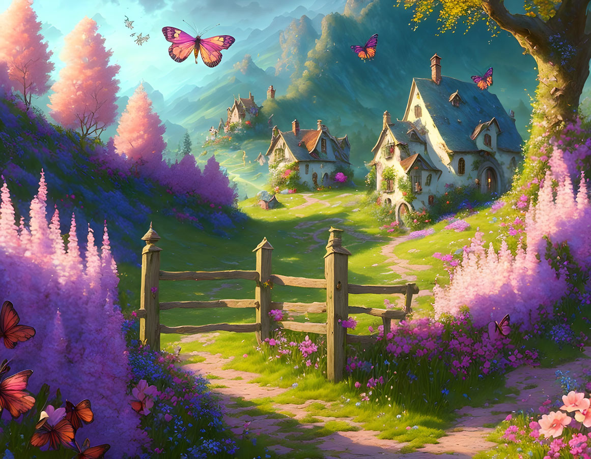 Tranquil village scene with cottages, meadows, pink trees, and butterflies