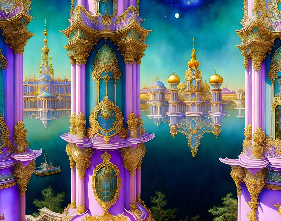 Fantastical image of purple and gold towers reflecting in calm water