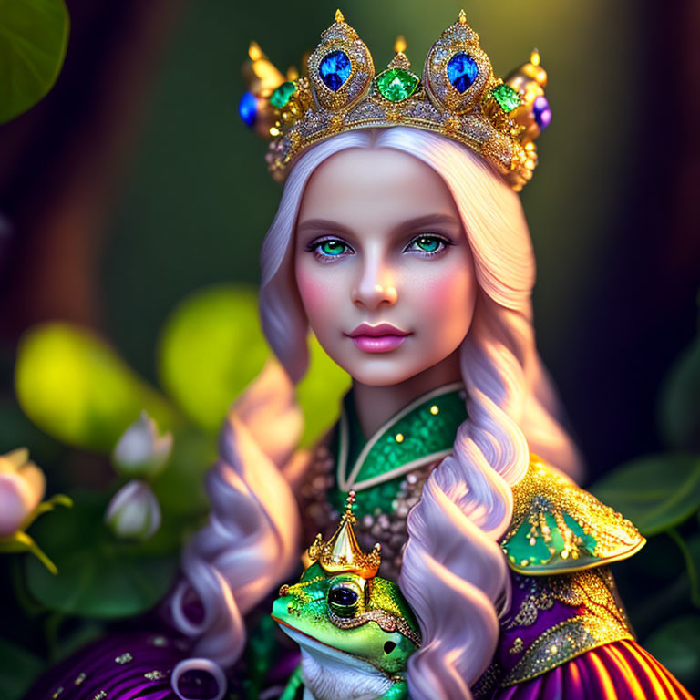 Fantasy portrait of queen with blue gem crown and frog wearing crown, against blurred nature background
