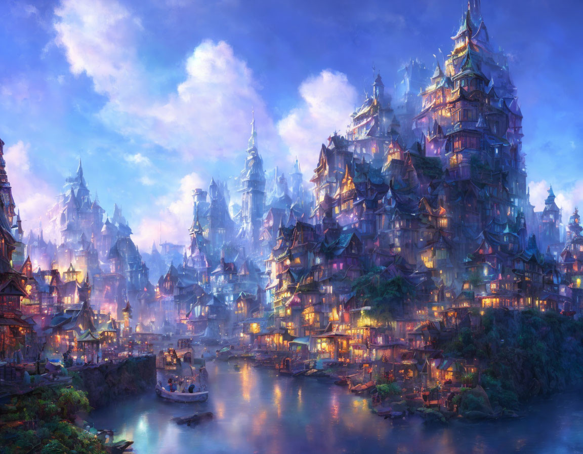 Twilight fantasy cityscape with illuminated buildings and tranquil river
