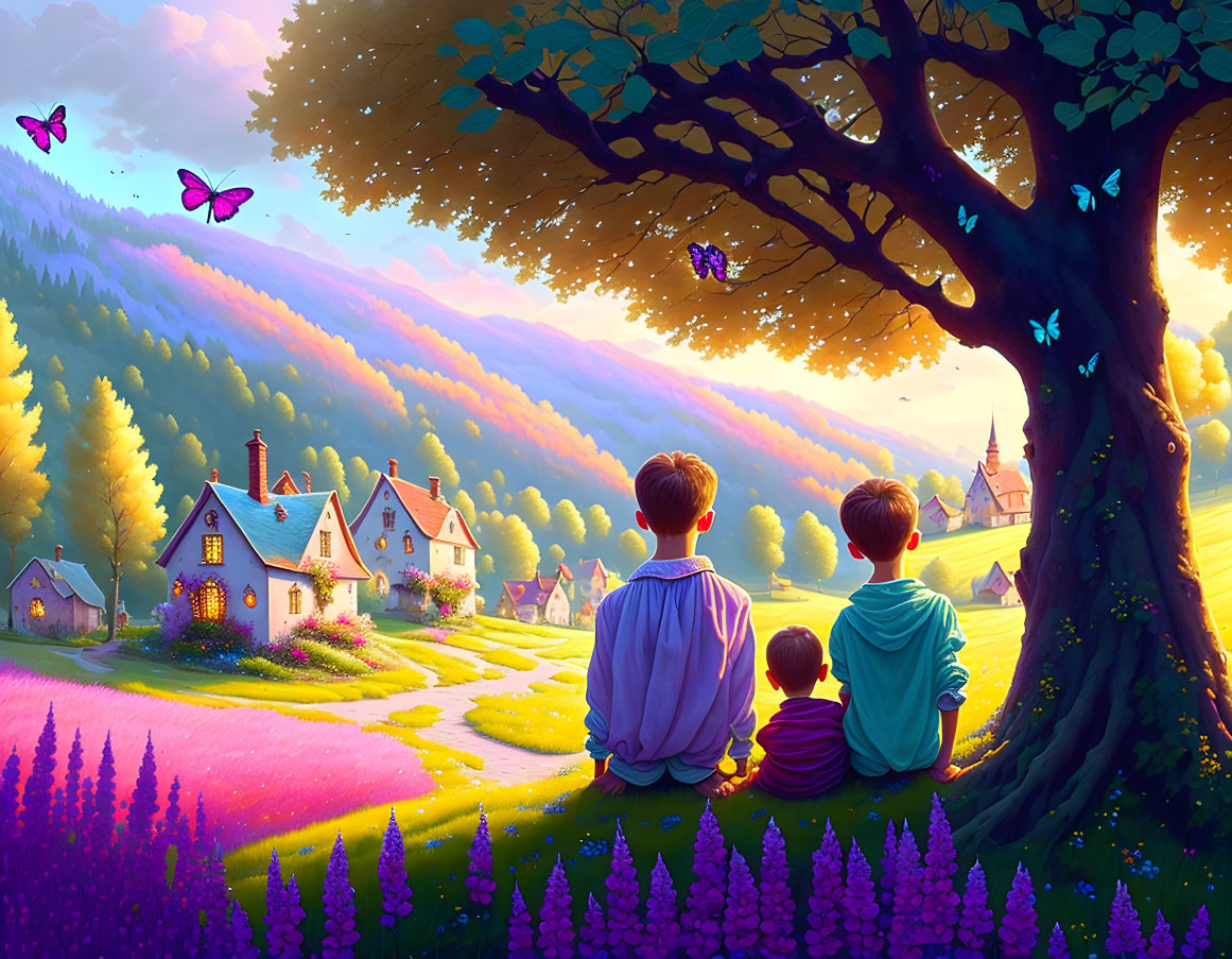 Three People Watching Sunset in Village with Butterflies and Flowers