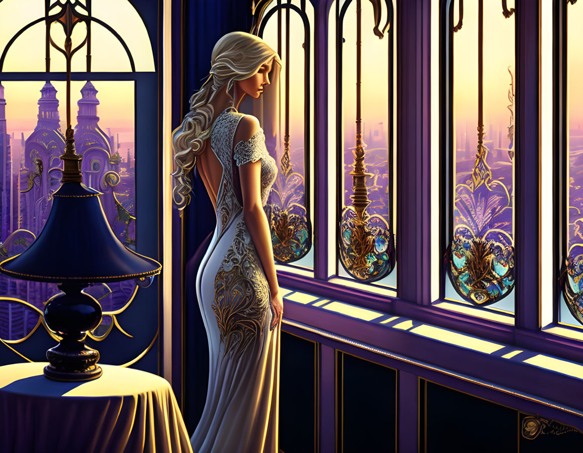 Woman in ornate dress gazes from luxurious room at sunset