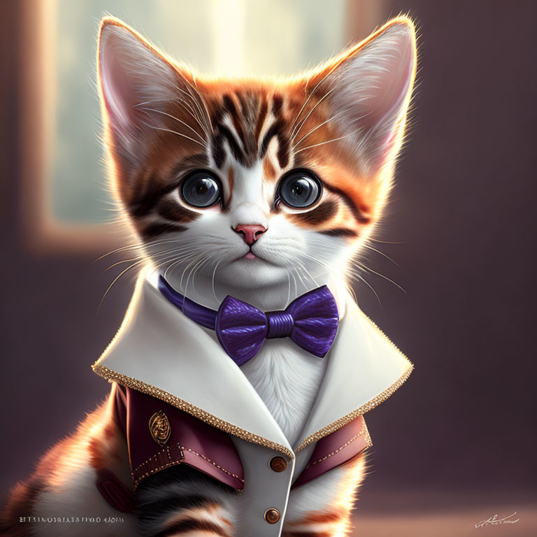 Anthropomorphized kitten digital art in white jacket with gold details