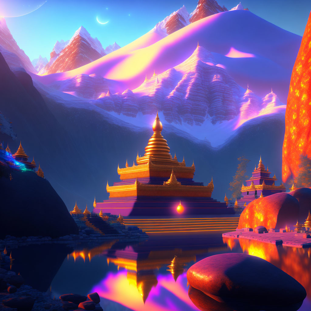 Fantastical landscape with golden pagodas, lava stream, and snow-capped mountains