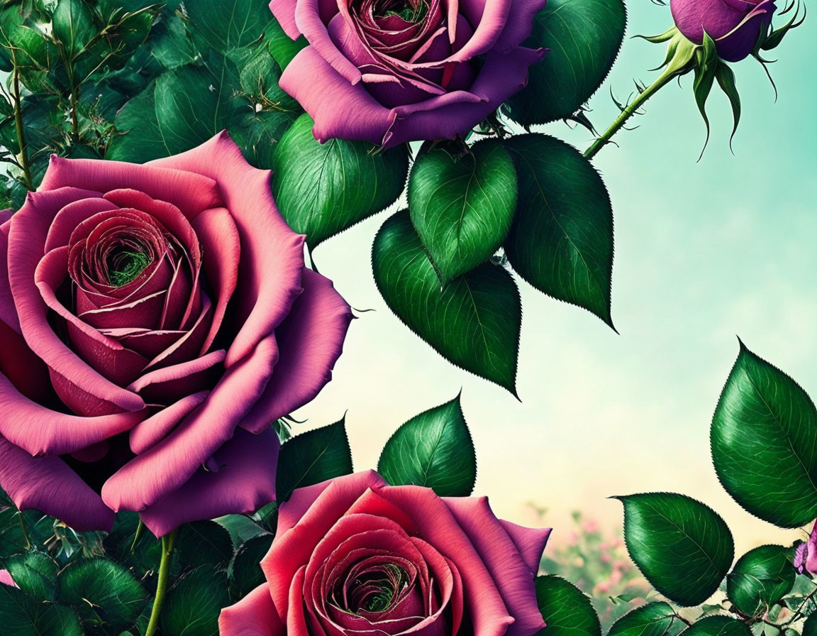 Beautiful Pink Roses and Green Leaves on Soft Sky Background