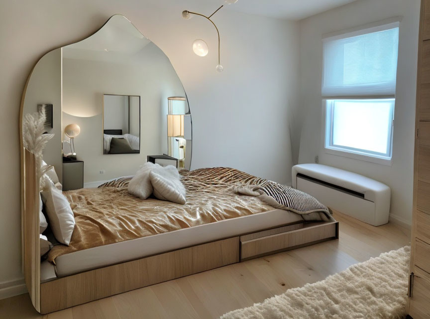 Modern Bedroom with Large Bed, Golden Bedding, Arched Mirror, White Walls, and Natural Light