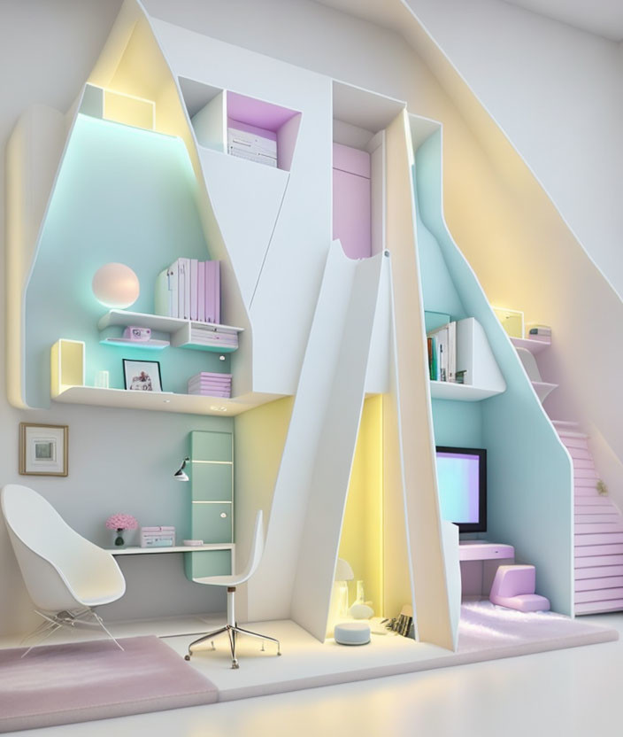 Pastel-colored attic home office with bespoke shelves and staircase